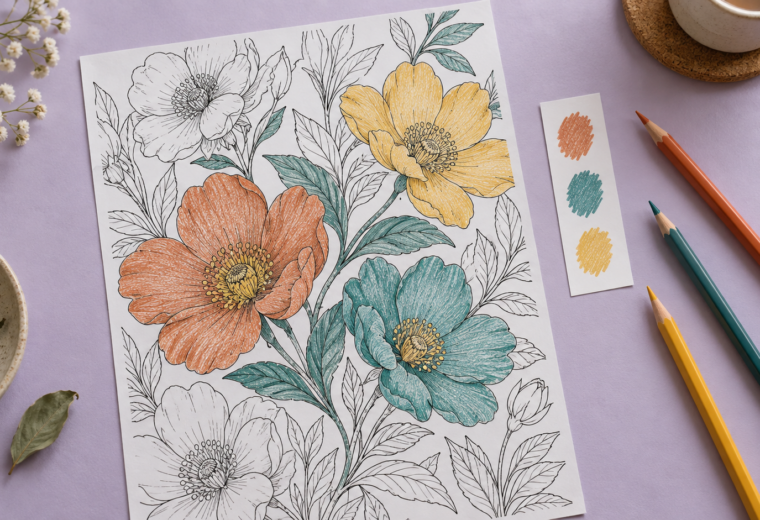 Lámina floral parcialmente coloreada junto a lápices terracota, verde azulado y amarillo y una tira de muestras.