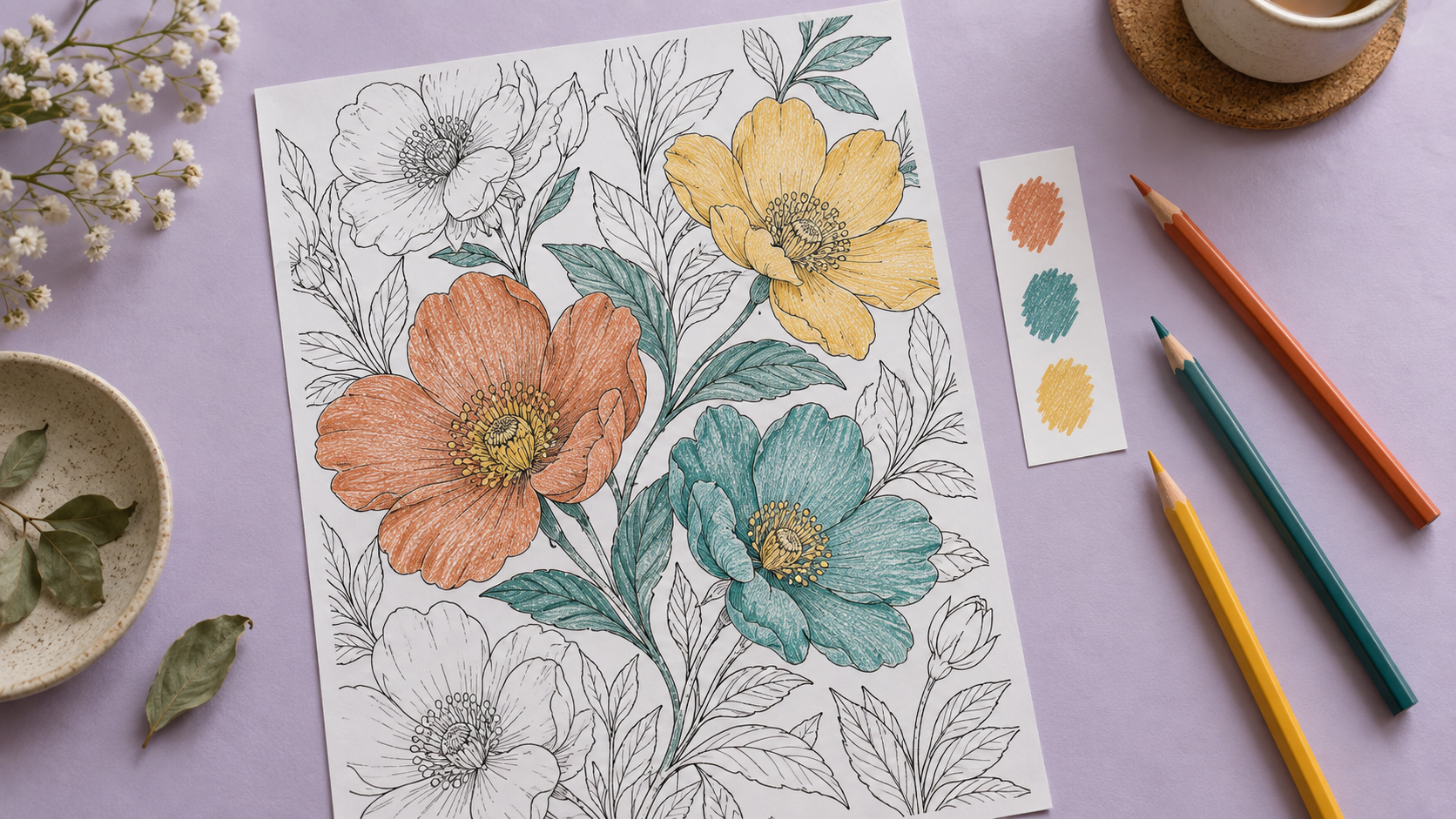 Lámina floral parcialmente coloreada junto a lápices terracota, verde azulado y amarillo y una tira de muestras.