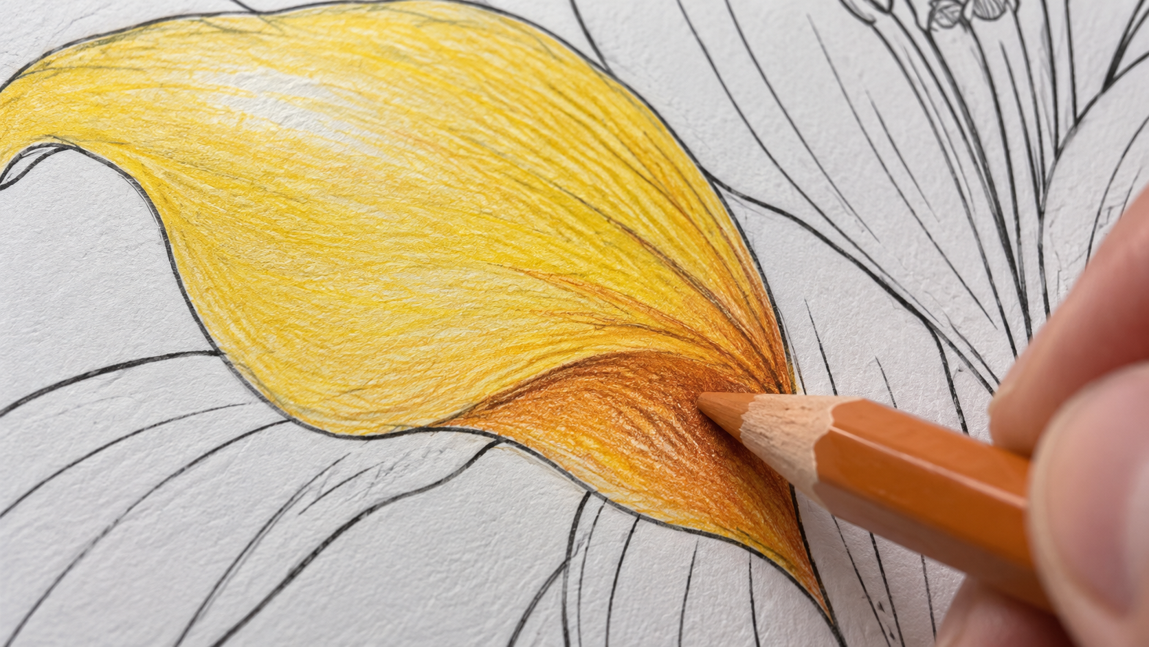 Detalle de un pétalo coloreado en amarillo y naranja con un lápiz ocre junto a la zona de sombra.