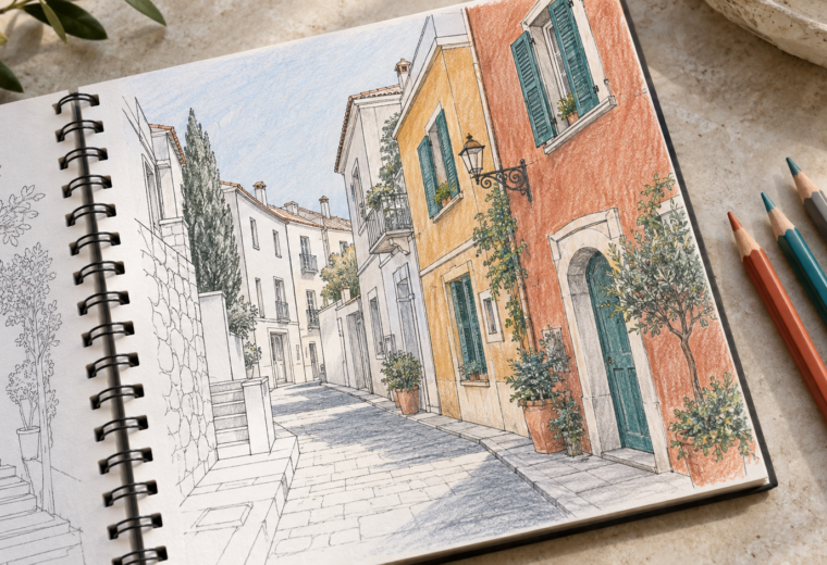 Libro de colorear con anillas abierto en una calle de fachadas terracota, ventanas azules y zonas aún sin pintar.
