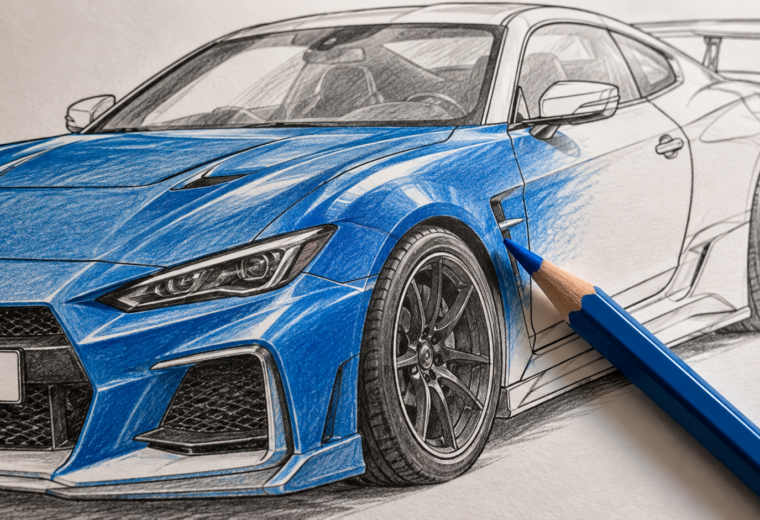 Primer plano de un dibujo de un cupé japonés genérico, parcialmente coloreado en azul con reflejos blancos y un lápiz azul.