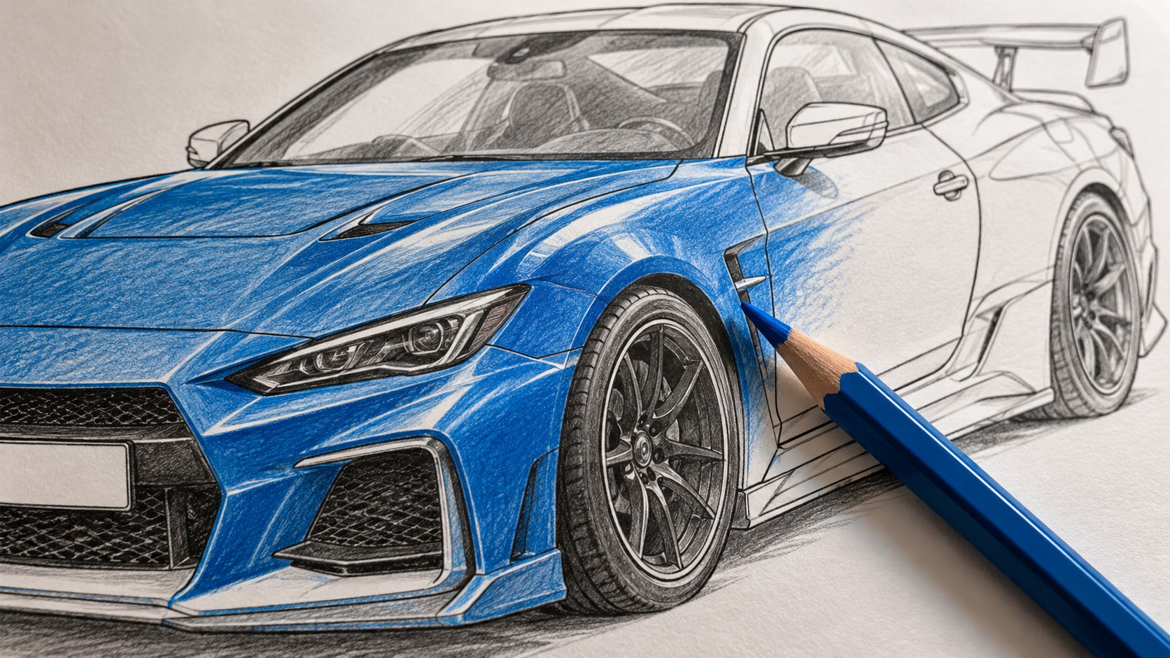Primer plano de un dibujo de un cupé japonés genérico, parcialmente coloreado en azul con reflejos blancos y un lápiz azul.