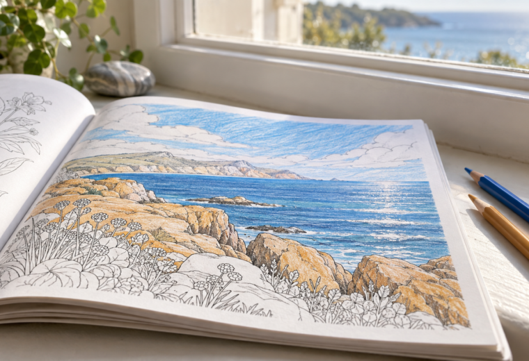 Libro abierto junto a una ventana con un paisaje costero coloreado en azul y ocre, agua con reflejos y detalles por terminar.