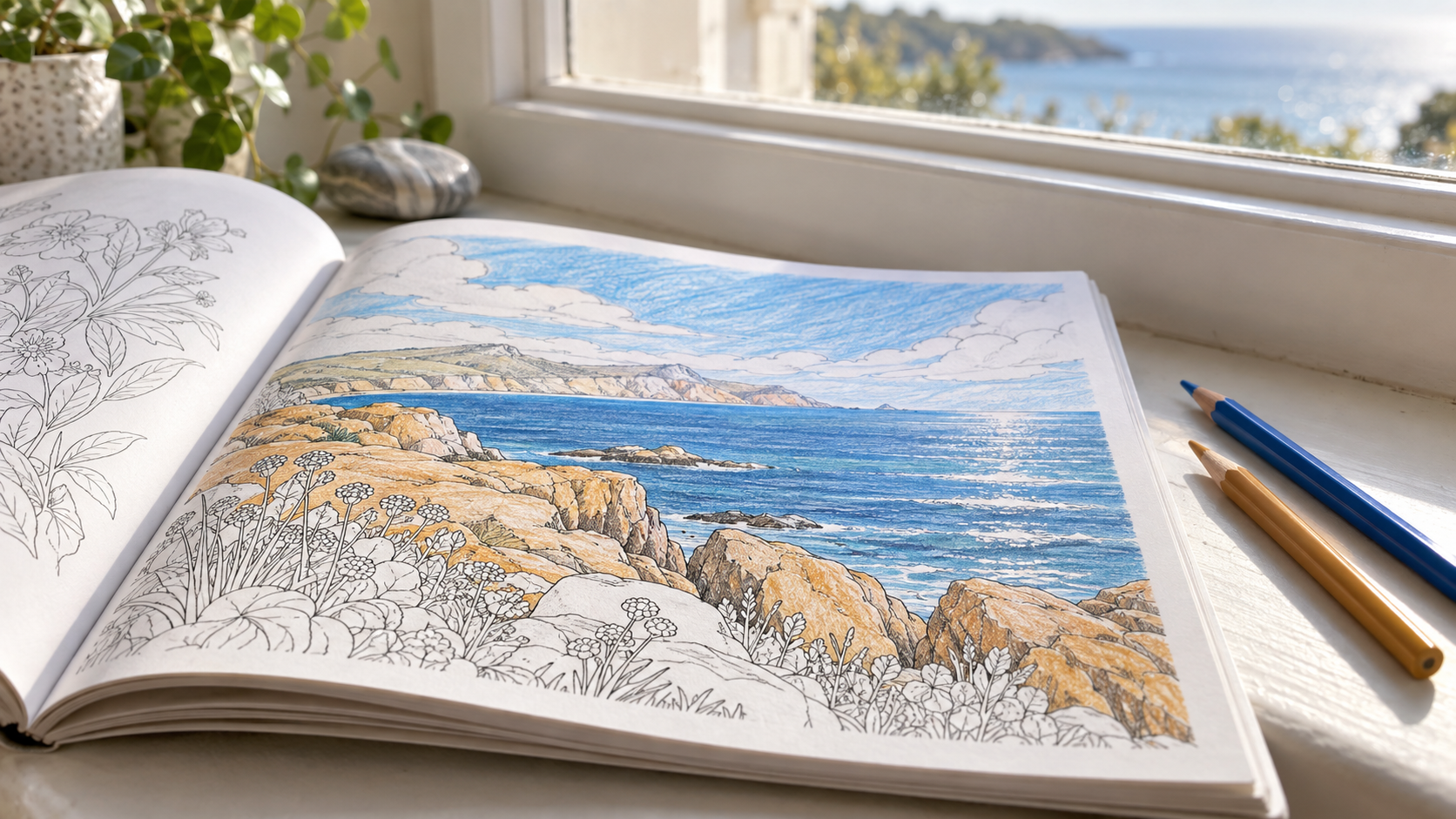 Libro abierto junto a una ventana con un paisaje costero coloreado en azul y ocre, agua con reflejos y detalles por terminar.
