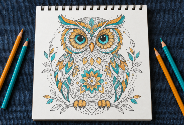 Mandala de un búho coloreado en ámbar y turquesa en un cuaderno de anillas sobre una tela azul índigo.