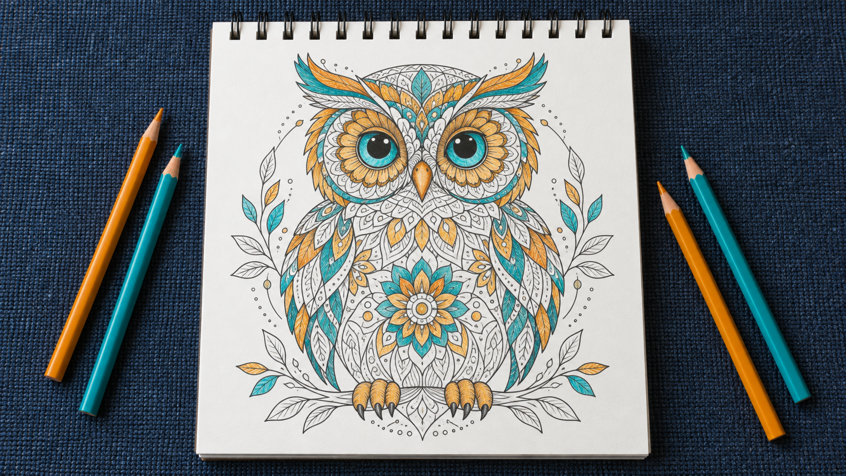 Mandala de un búho coloreado en ámbar y turquesa en un cuaderno de anillas sobre una tela azul índigo.