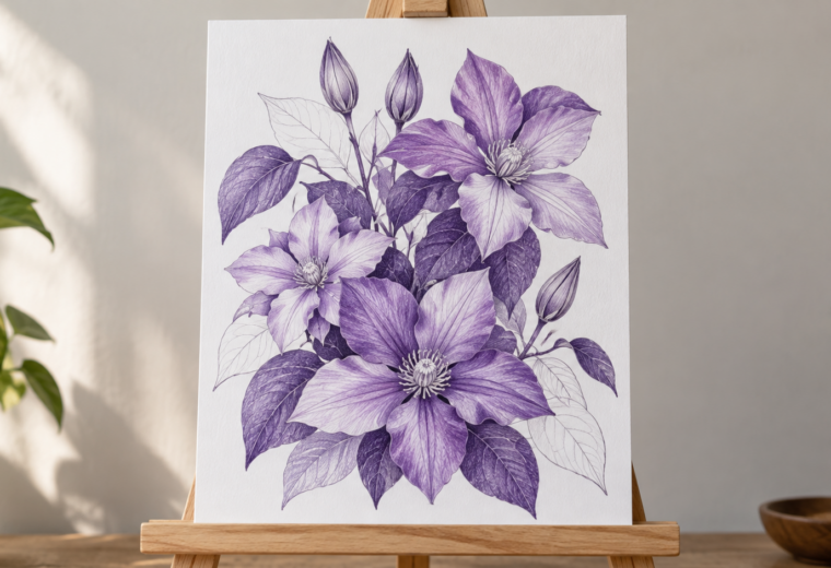 Lámina botánica coloreada en tonos violeta claros y oscuros, sostenida en un pequeño caballete.