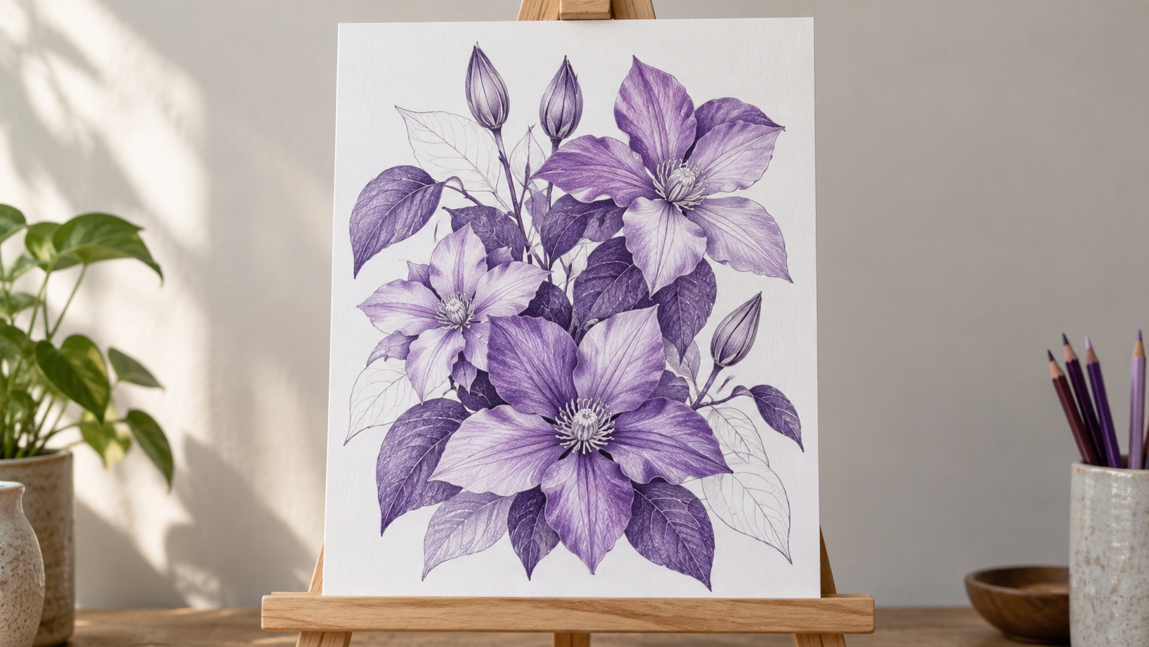 Lámina botánica coloreada en tonos violeta claros y oscuros, sostenida en un pequeño caballete.
