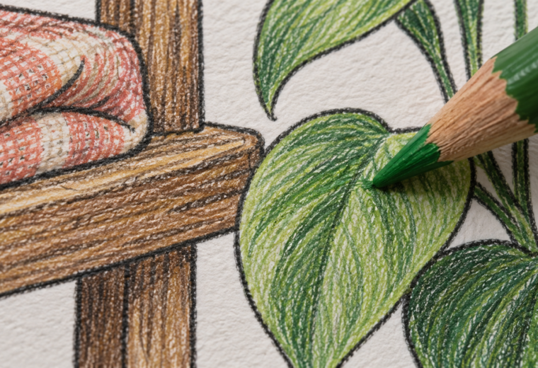 Detalle de una ilustración coloreada con vetas de madera, trama de tela y hojas verdes junto a la punta de un lápiz verde.