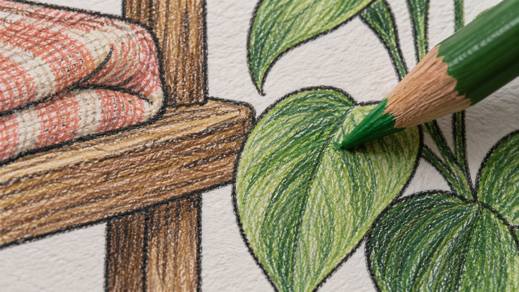 Detalle de una ilustración coloreada con vetas de madera, trama de tela y hojas verdes junto a la punta de un lápiz verde.