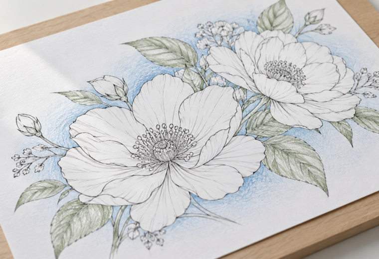 Dibujo floral de contornos negros con un halo azul suave alrededor y flores mayormente blancas, colocado en diagonal sobre una tabla de dibujo.