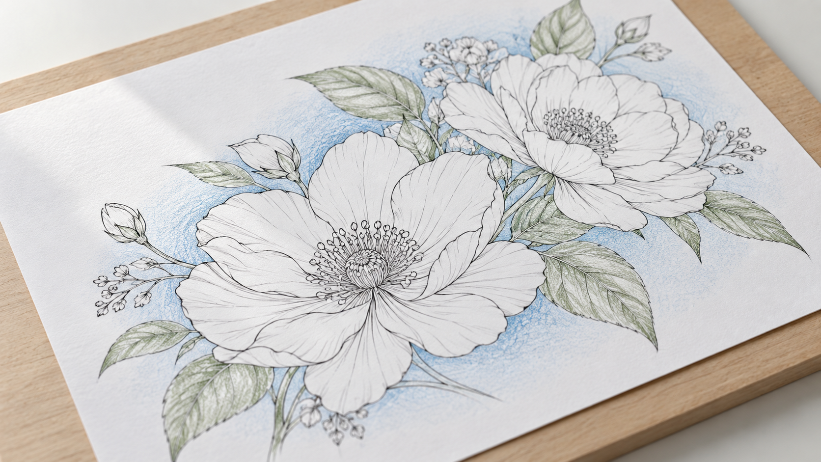Dibujo floral de contornos negros con un halo azul suave alrededor y flores mayormente blancas, colocado en diagonal sobre una tabla de dibujo.