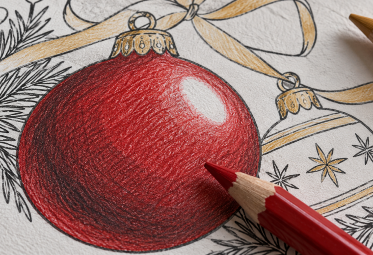 Detalle de una esfera navideña dibujada, parcialmente coloreada en rojo con brillo blanco y lápices rojo y ocre junto al papel.