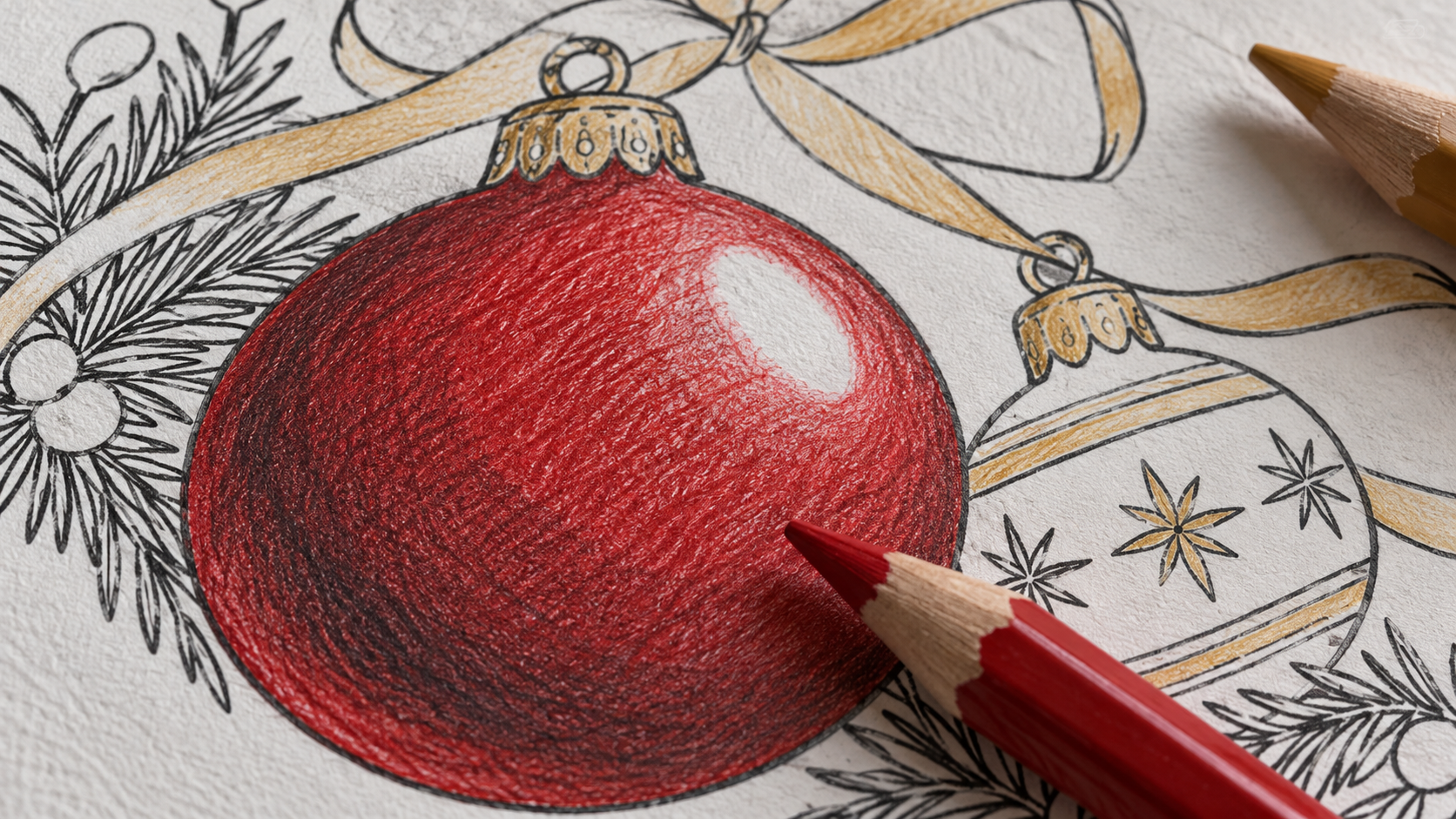 Detalle de una esfera navideña dibujada, parcialmente coloreada en rojo con brillo blanco y lápices rojo y ocre junto al papel.