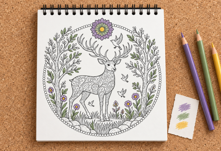 Libro cuadrado con anillas superiores y un ciervo entre ramas, aves y flores a medio colorear, junto a lápices violeta, verde y amarillo.