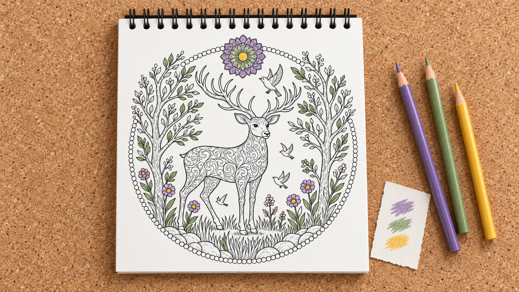Libro cuadrado con anillas superiores y un ciervo entre ramas, aves y flores a medio colorear, junto a lápices violeta, verde y amarillo.