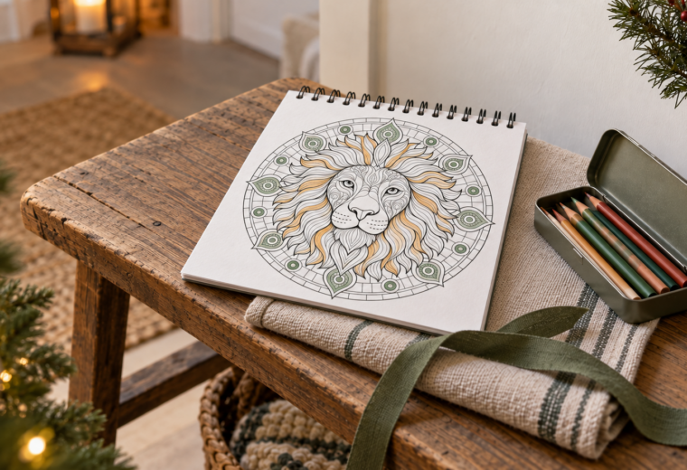 Libro con anillas superiores y mandala de león parcialmente coloreado, junto a lápices y envoltorio de tela para un regalo navideño.