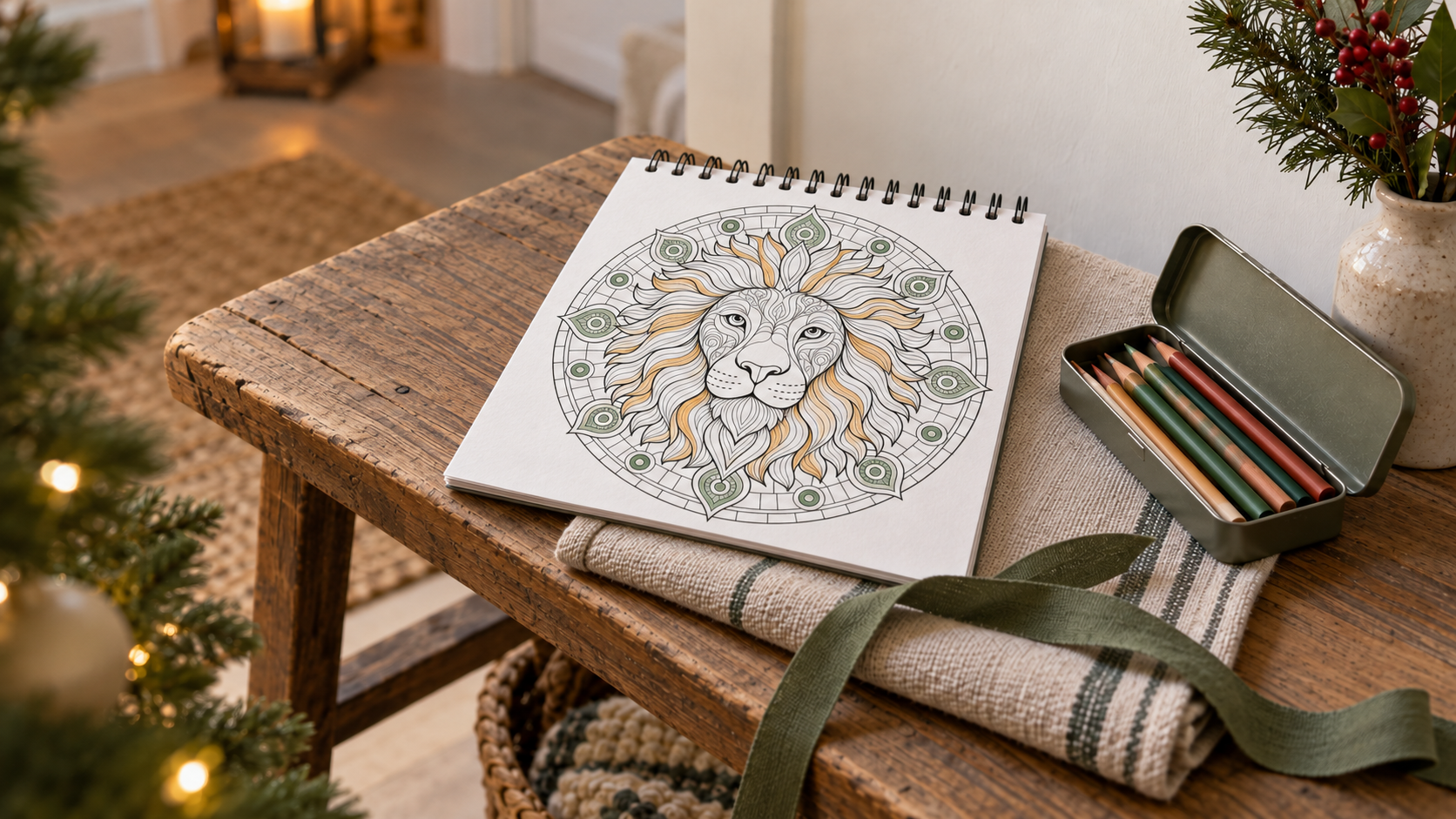 Libro con anillas superiores y mandala de león parcialmente coloreado, junto a lápices y envoltorio de tela para un regalo navideño.