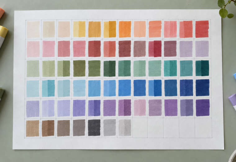 Vista cenital de una hoja con muestras de rotuladores ordenadas por familias de color y varios rotuladores blancos sin marca.