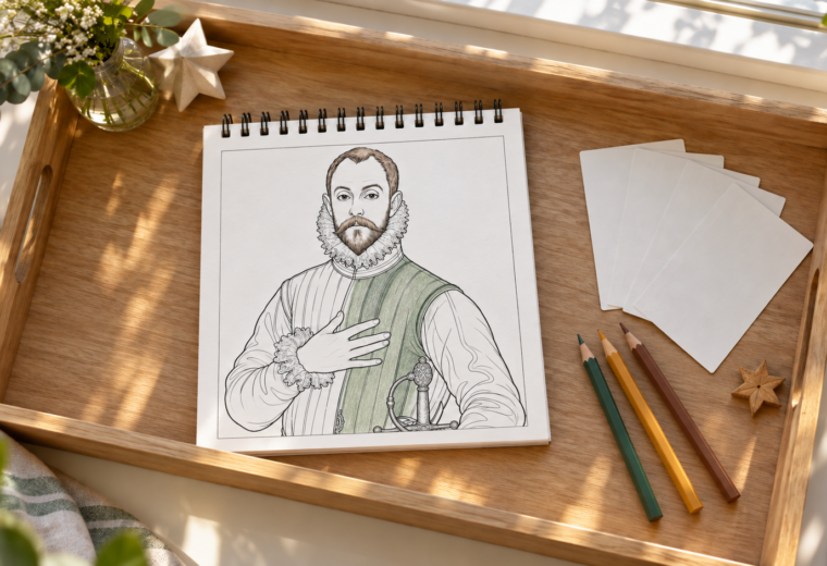 Libro con anillas superiores y retrato de un caballero a medio colorear, sobre una bandeja con lápices, tarjetas en blanco y adornos externos.