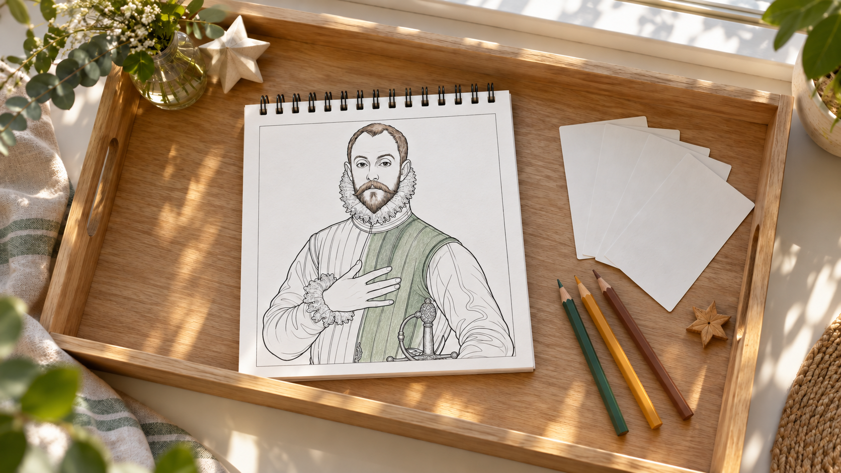 Libro con anillas superiores y retrato de un caballero a medio colorear, sobre una bandeja con lápices, tarjetas en blanco y adornos externos.