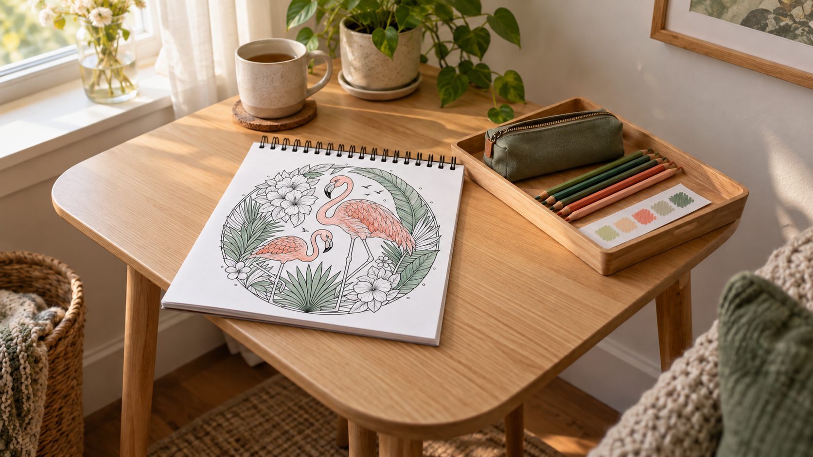 Rincón para colorear con una página de flamencos, anillas superiores y una bandeja de lápices junto a la ventana.